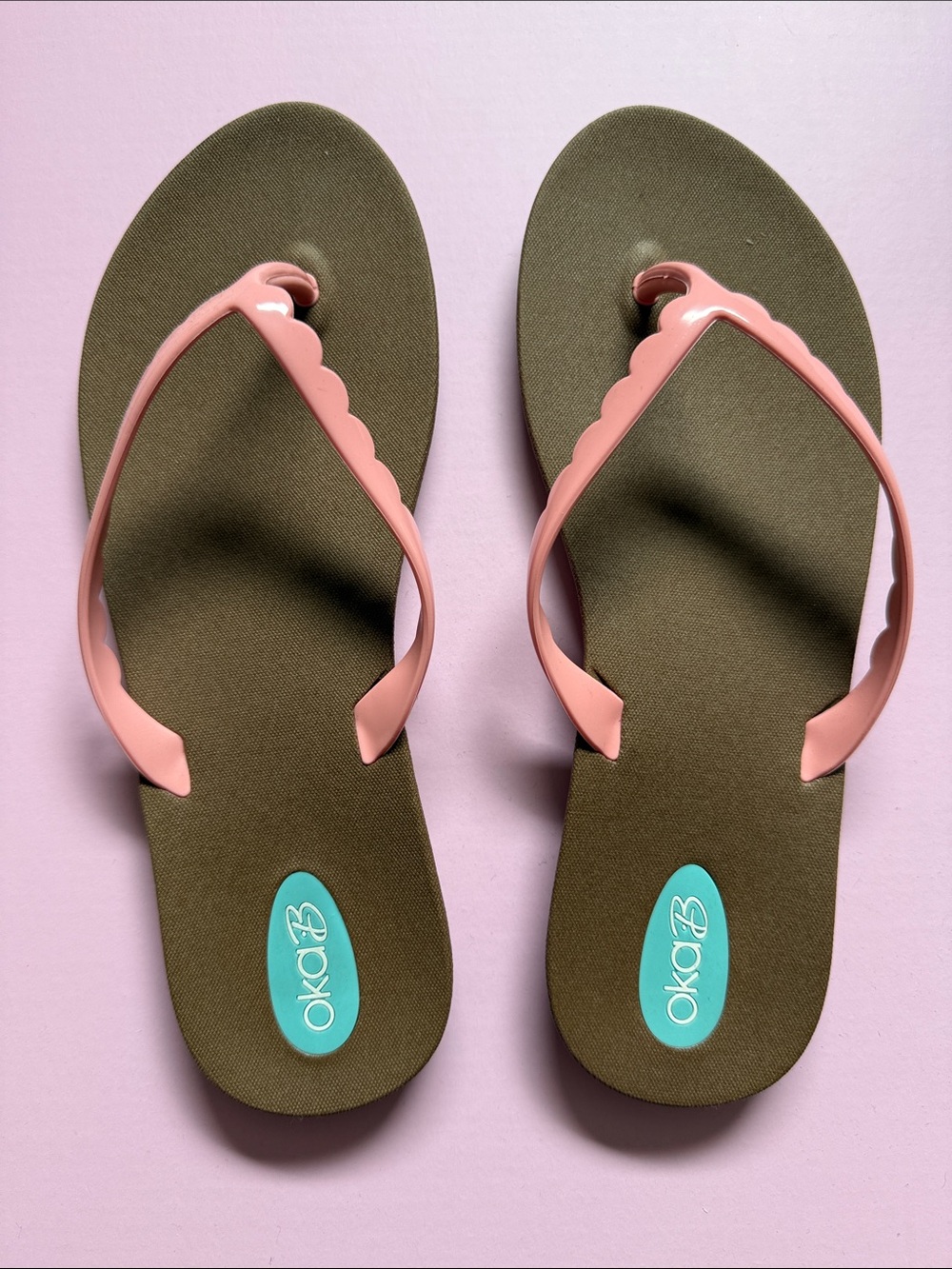OKA b. Pink Scallop-Strap Sandals with Olive Footbed
